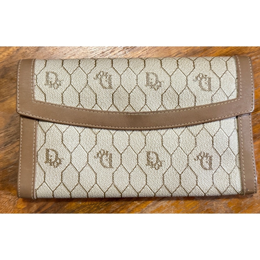 Christian Dior Vintage Honeycomb Monogram Canvas Long Wallet Tan Leather Trim